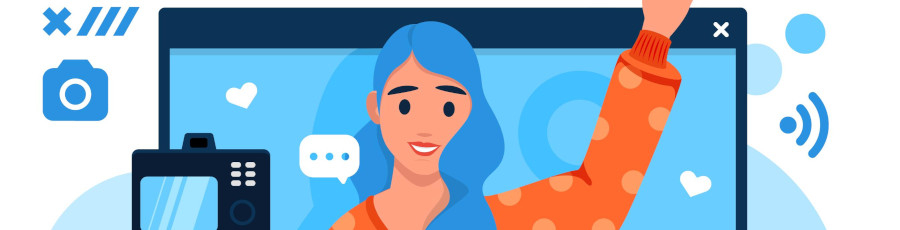 Grafik einer Frau vor einer Videokamera. Im Hintergrund ist ein Bildschirm zu sehen.